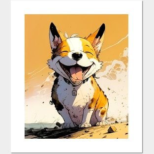 Pawsome: Happy Corgis Dog Smiles No. 3 on a Dark Background Posters and Art